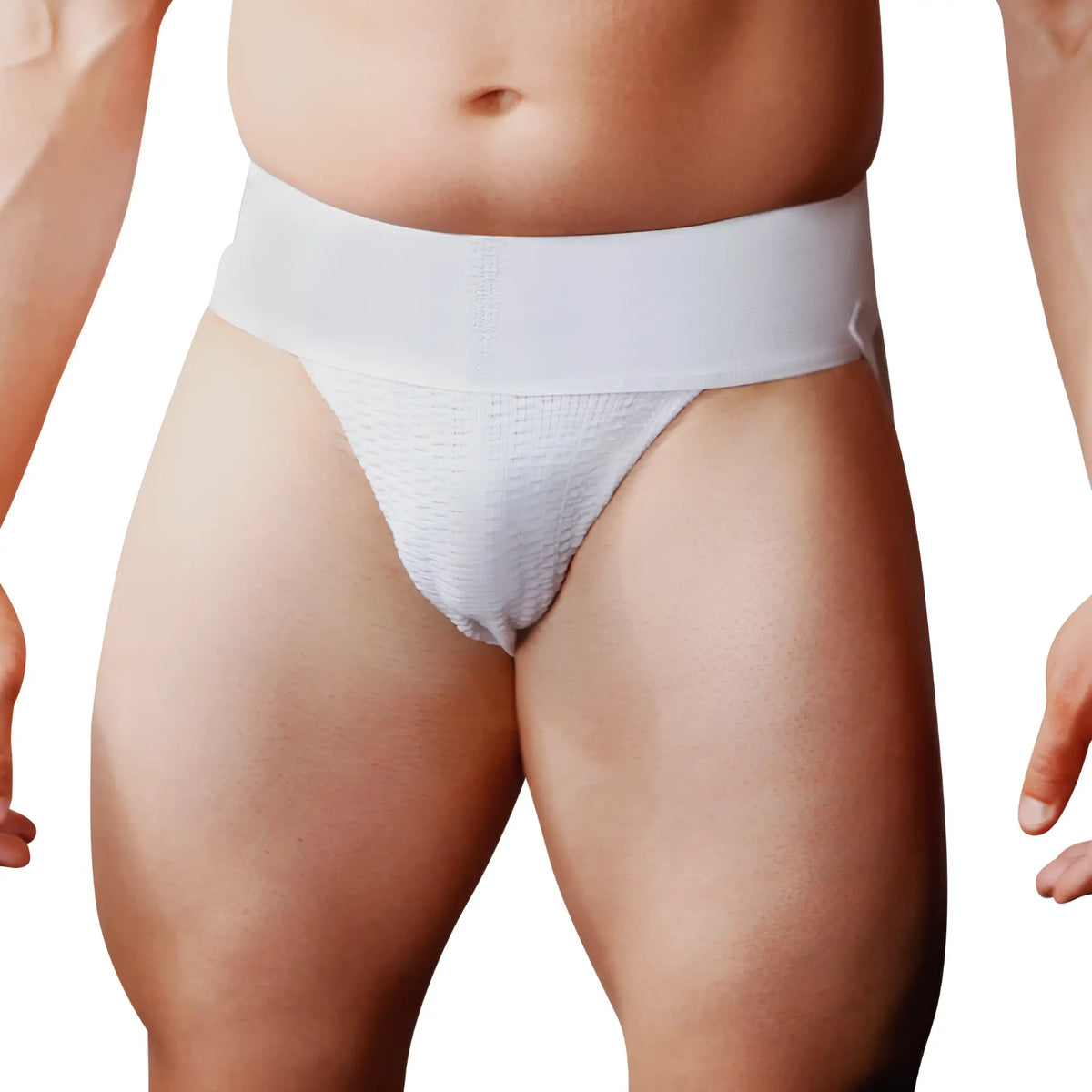 White big mans athletic supporter jockstrap with breathable textured fabric and elastic waistband for support