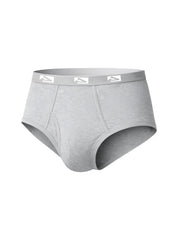 Gray heathered cotton big mans fly front brief with matching elastic waistband and white logo trim