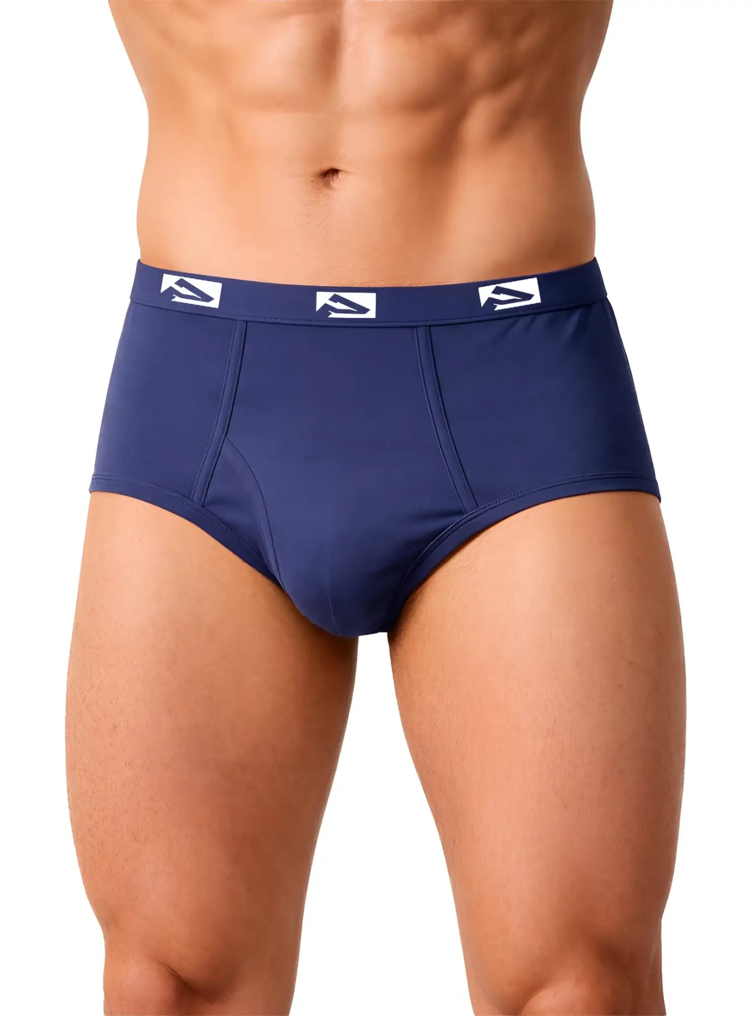 Navy blue big mans fly front colored brief with white logo elastic waistband for comfortable support