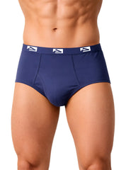 Navy blue big mans fly front colored brief with white logo elastic waistband for comfortable support