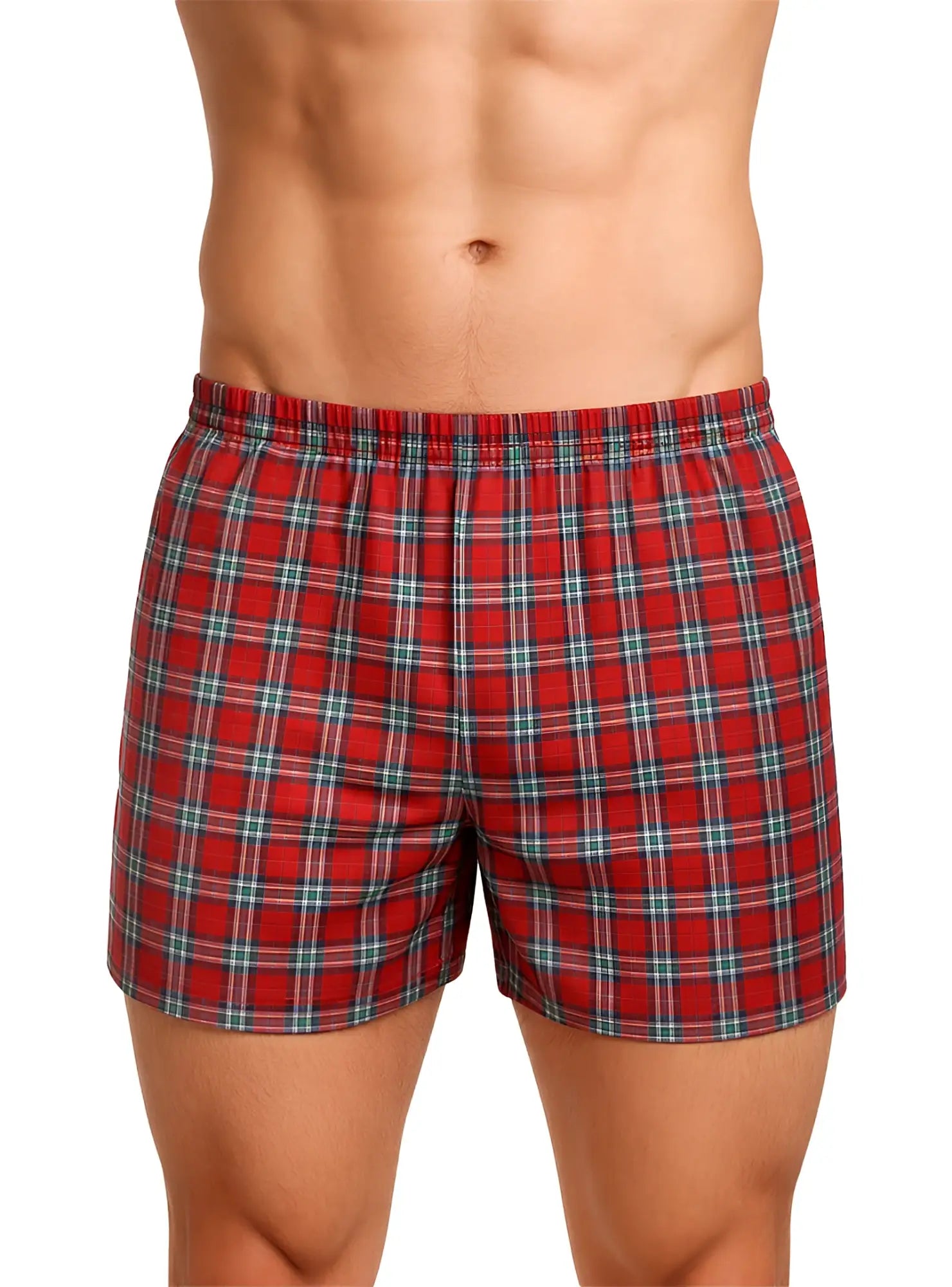 Big mans woven boxer in red plaid broadcloth with elastic waistband and green and white intersecting lines