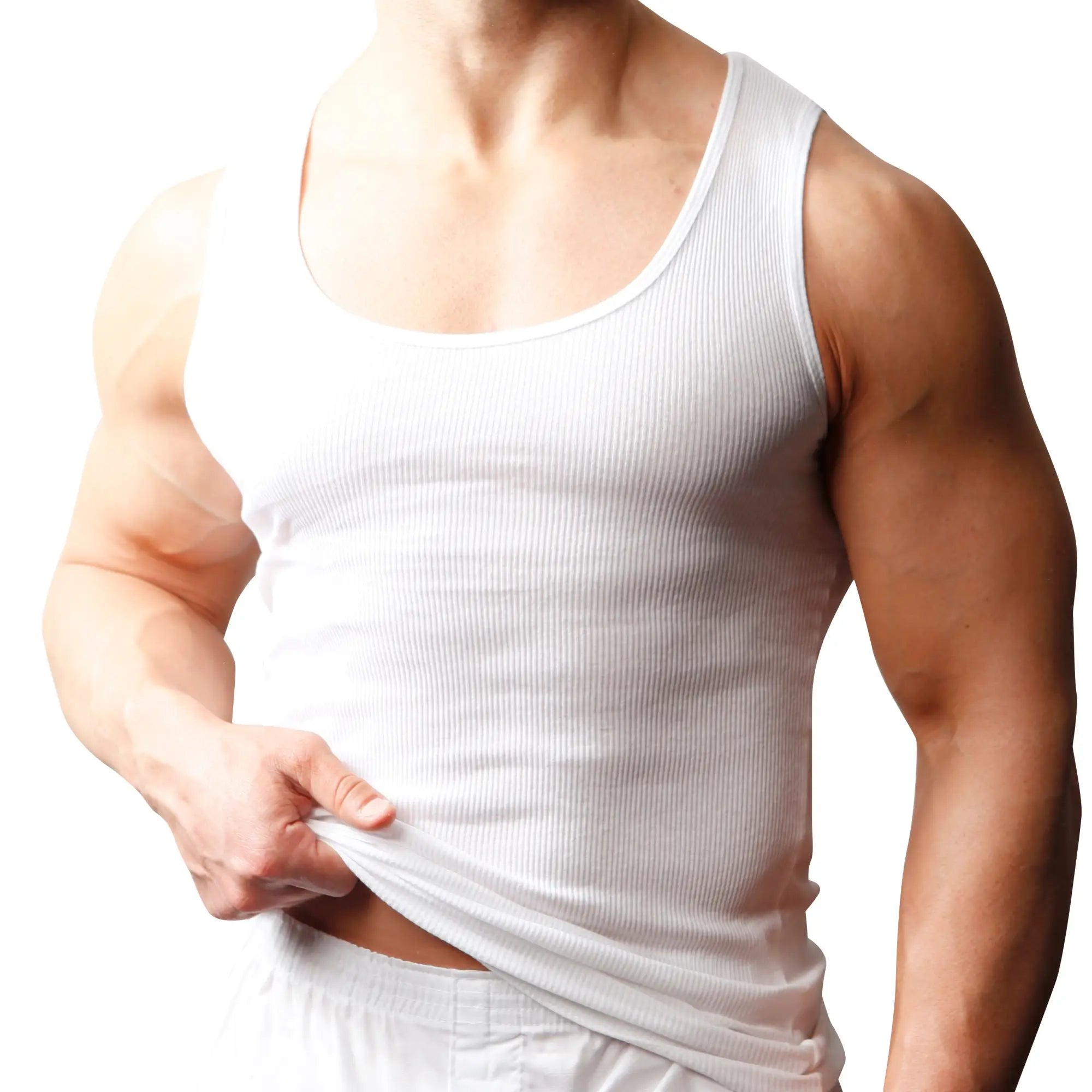 Big and tall mans white ribbed cotton tank top with scoop neckline front view in a 2-pack set