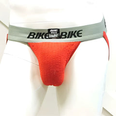 Red textured bike 2 inch performance cotton supporter jock strap underwear with gray waistband in size l