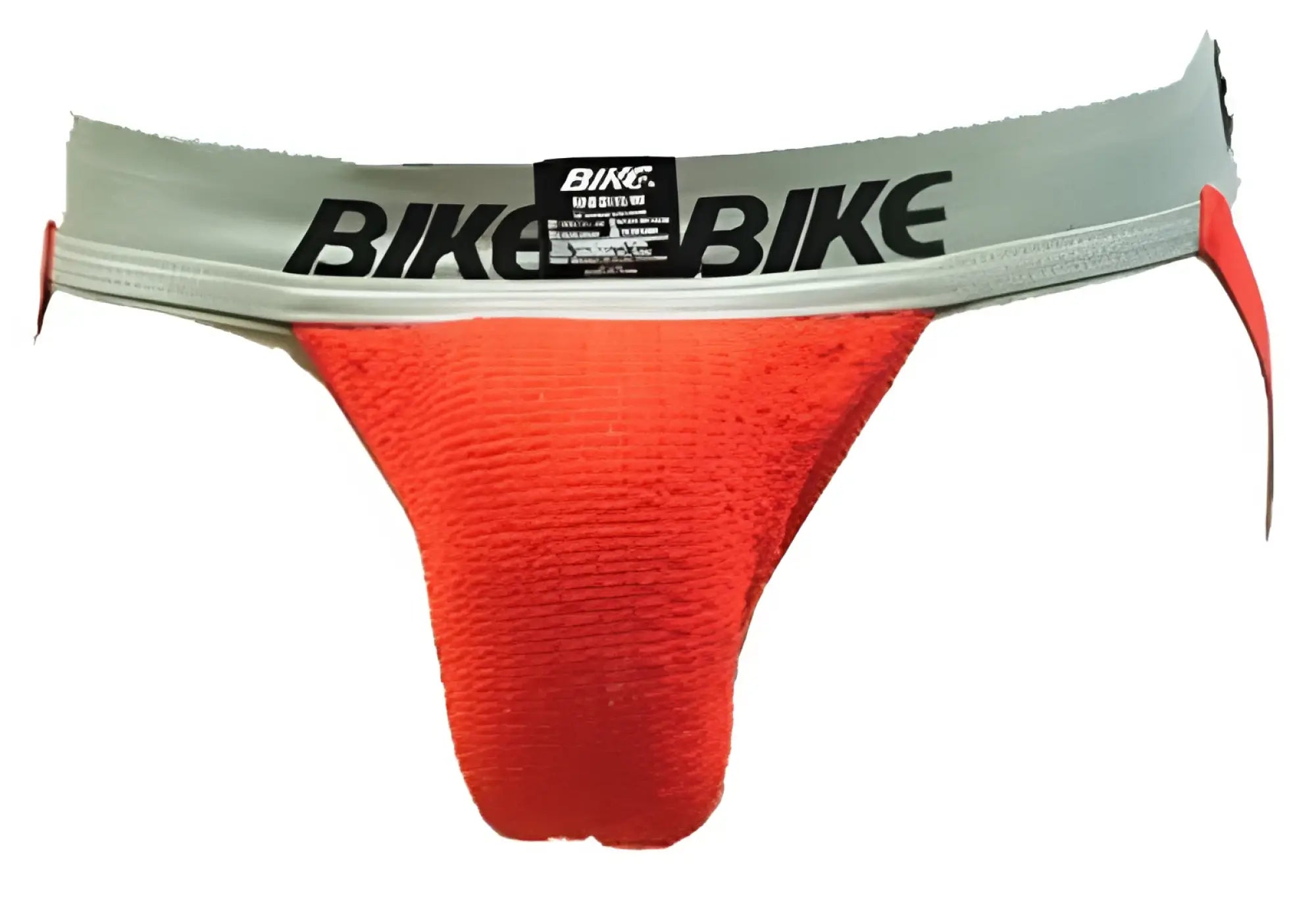 Bright orange textured cotton brief with gray waistband and black bike bike branding bike 2 inch performance jock strap size l