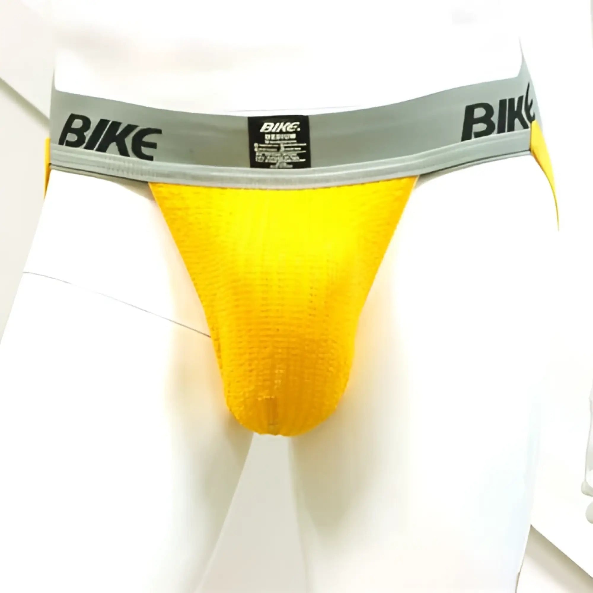 Bright yellow bike 2 inch performance cotton supporter jock strap underwear with gray waistband and bike logo in size large