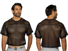 Black mesh crop top with solid black ribbed neckline and hem, short sleeves, bike athletic bam134 practice jersey