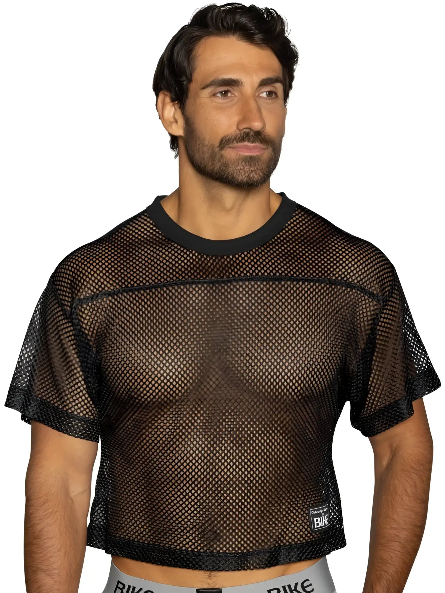 Black mesh crop top with solid black ribbed neckline and short sleeves from bike athletic bam134 practice jersey