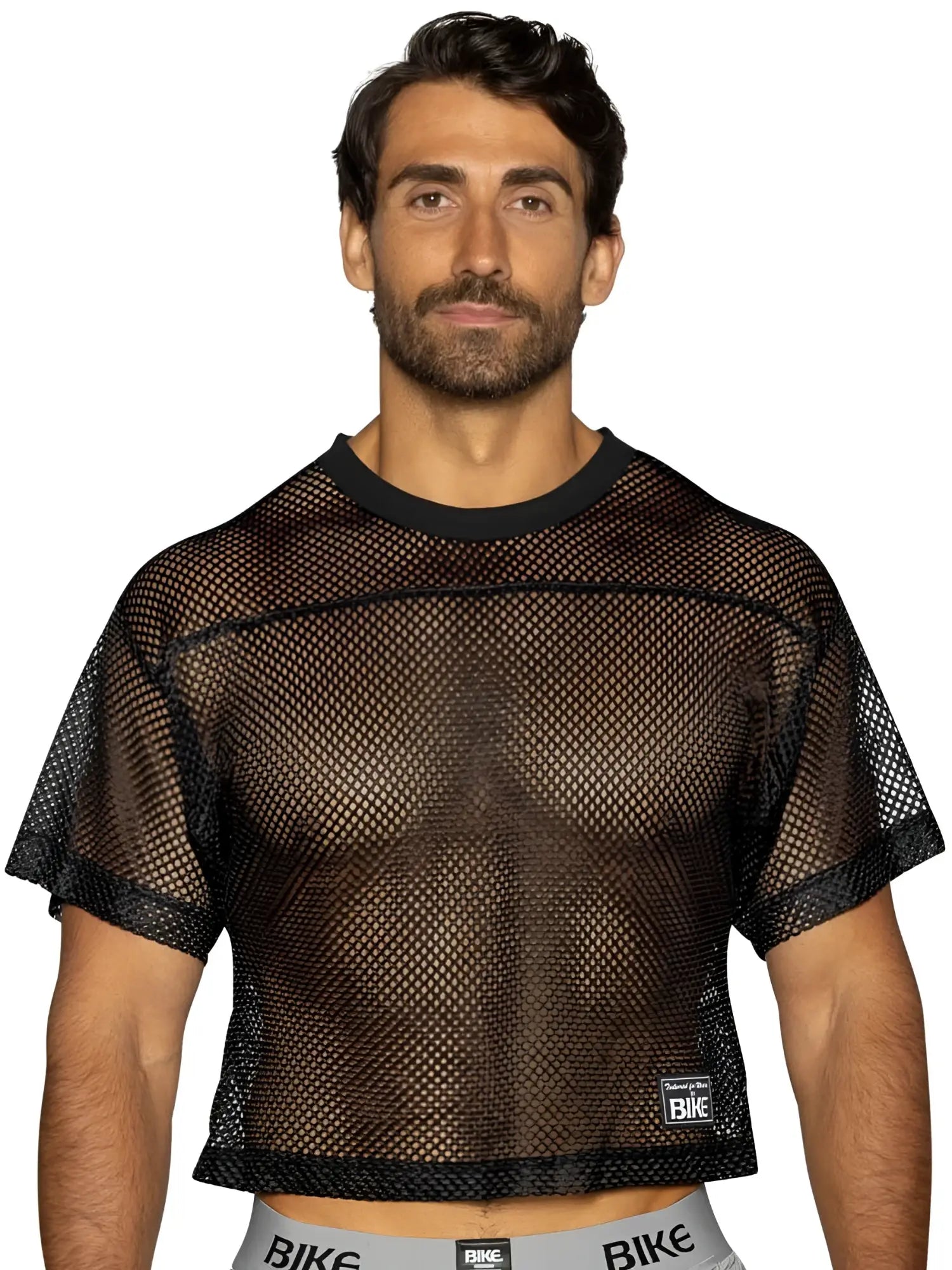 Black mesh crop top with solid black ribbed neckline and hem featuring bike logo on lower right side for athletic use