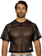 Black mesh crop top with solid black ribbed neckline and hem featuring bike logo on lower right side for athletic use