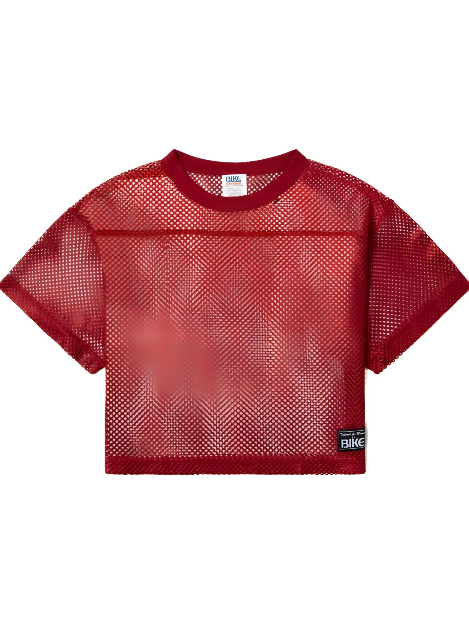 Red mesh crop top with ribbed crew neckline short sleeves and black bike patch bright red bike athletic bam134 jersey