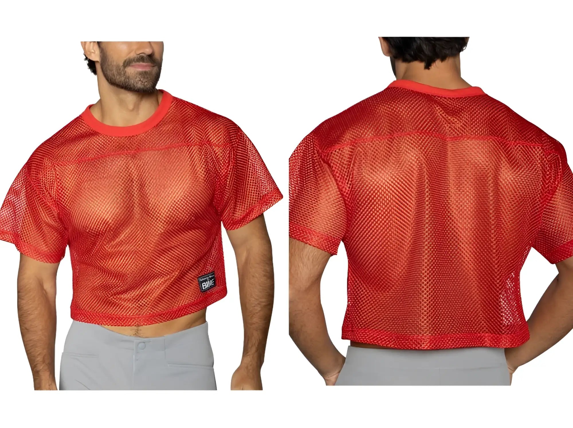 Bike athletic bam134 bright red short sleeve mesh football jersey with cropped hem for practice use