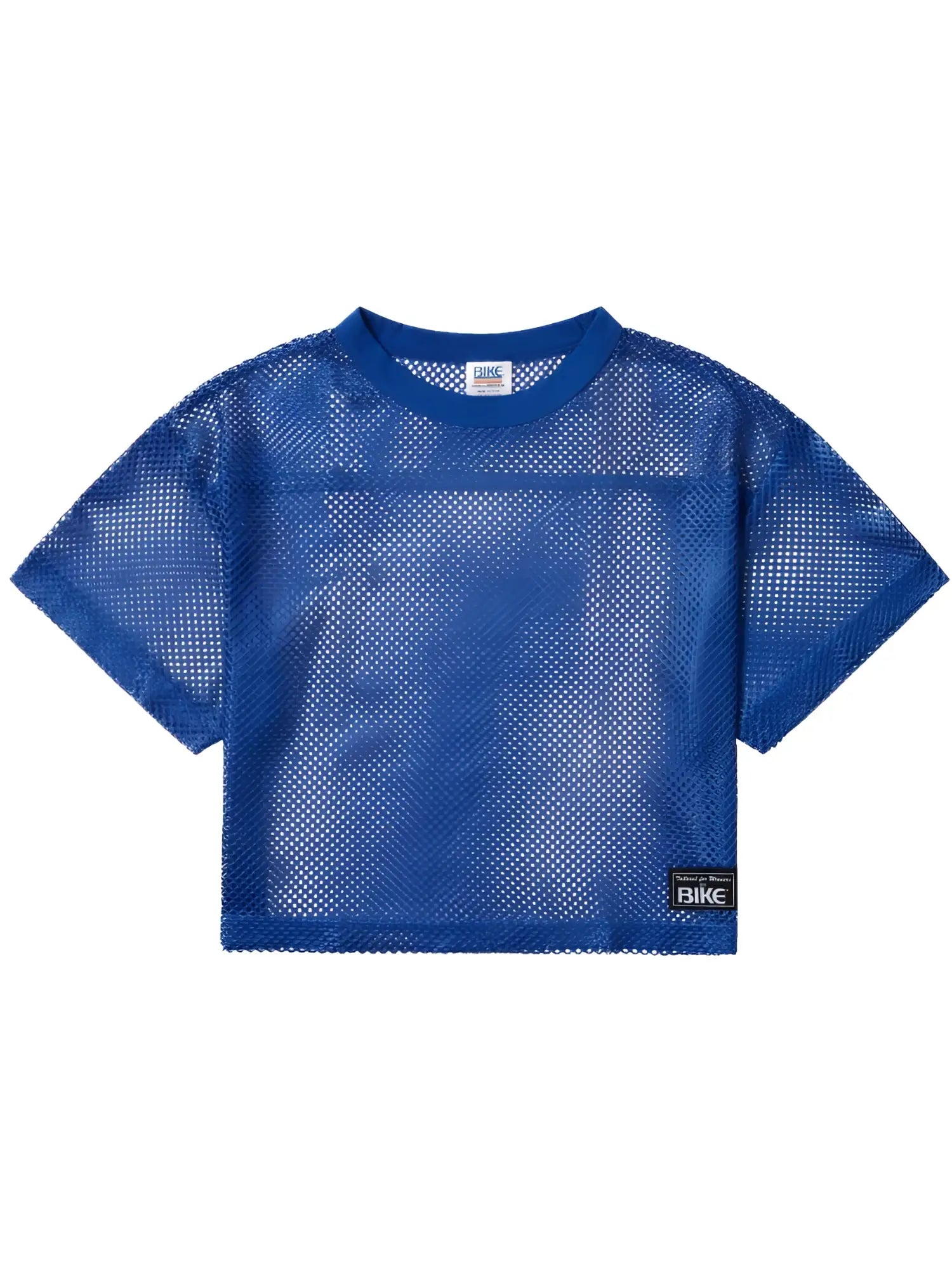 Blue mesh crop top with round neckline and short sleeves featuring black bike branding on collar and lower side