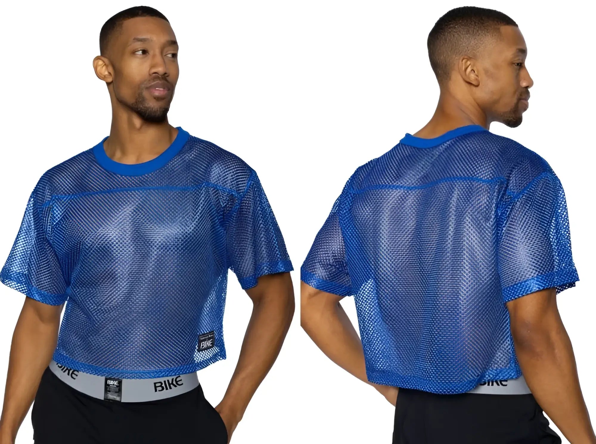 Blue mesh crop top with solid blue ribbed neckline and sleeve cuffs for bike athletic bam134 short sleeve practice jersey