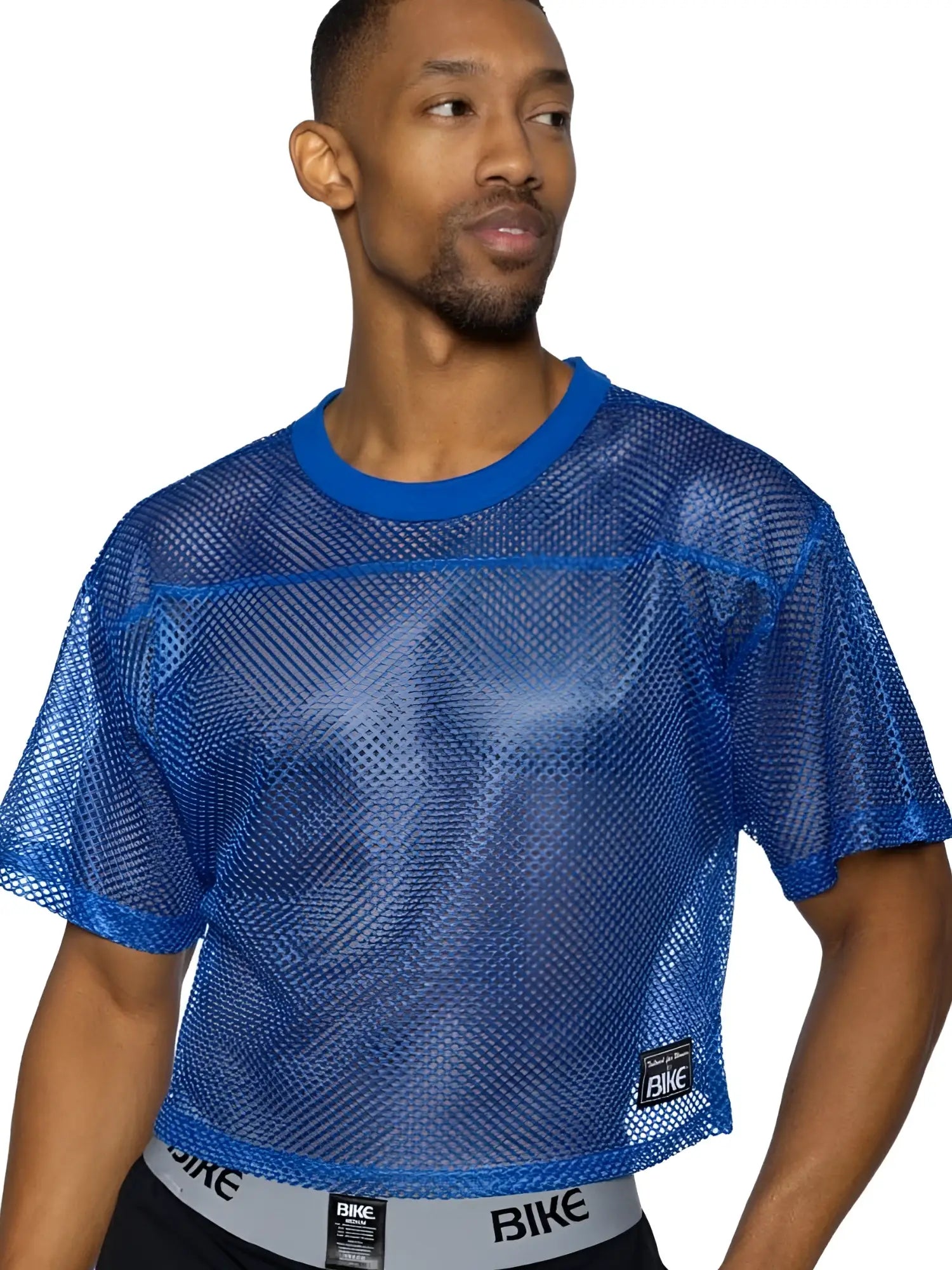 Blue mesh crop top bike athletic bam134 short sleeve practice jersey with solid ribbed neckline and hem royal color