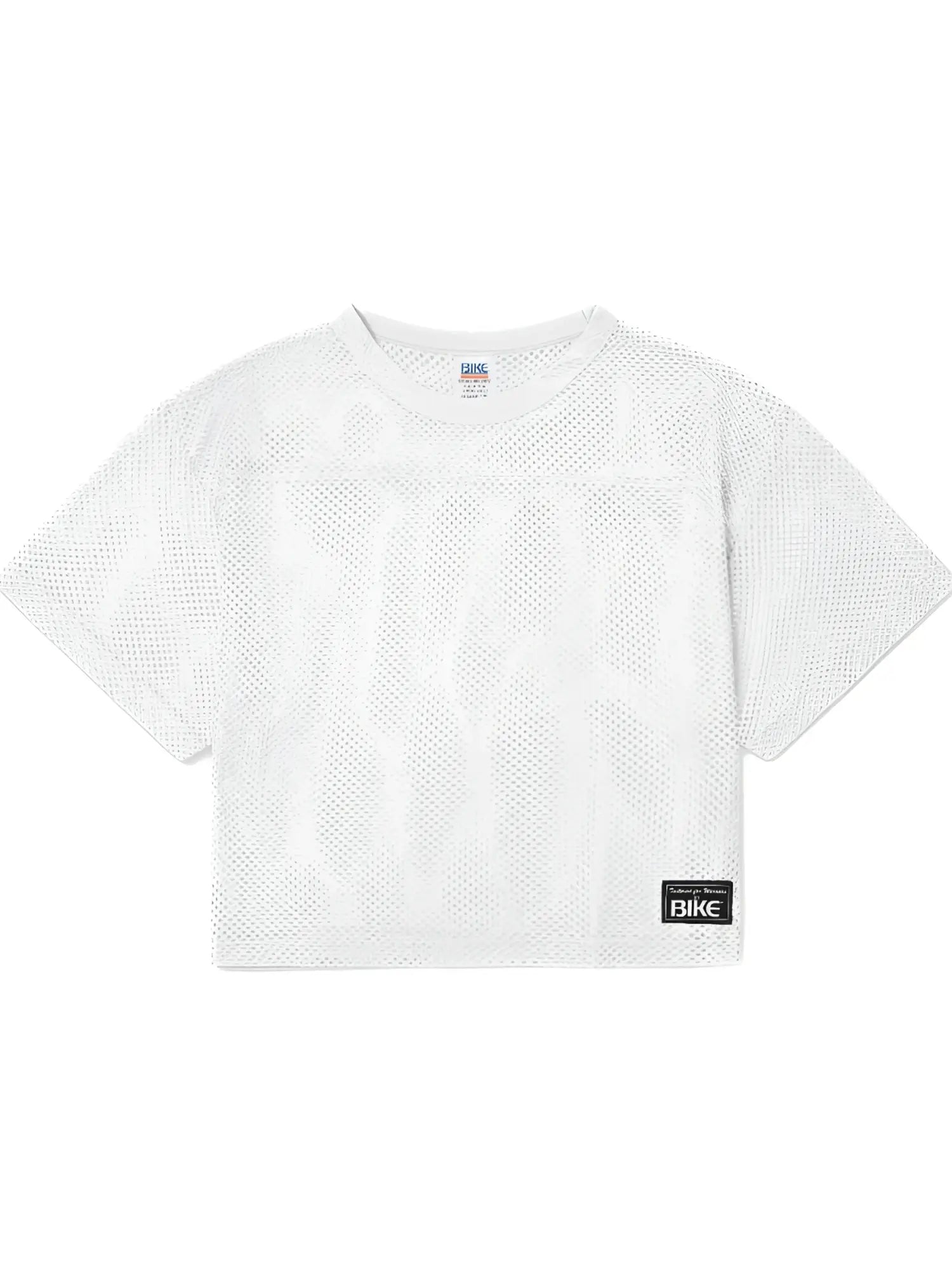 White mesh crop top with subtle geometric pattern and black bike label on lower right side for athletic use