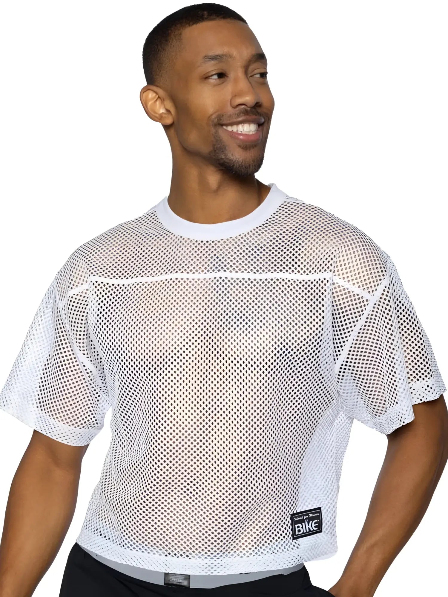 White mesh bike athletic bam134 short sleeve practice jersey with ribbed crew neckline and logo patch on front