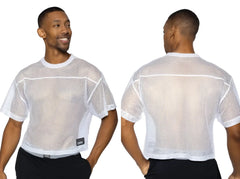 White mesh short sleeve athletic shirt with reinforced seams and black bnike tag for practice jersey use