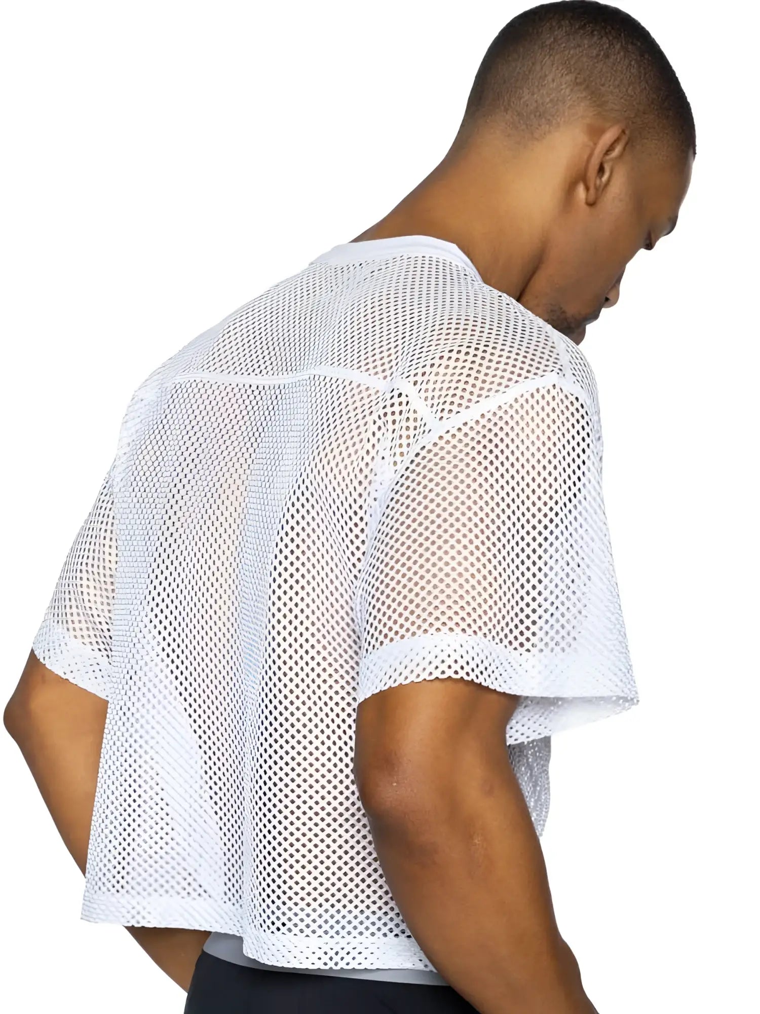 White mesh bike athletic short sleeve practice jersey with crew neckline and breathable fabric