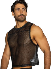 Black mesh crop top with solid black ribbed neckline and armholes featuring bike brand label on lower right side