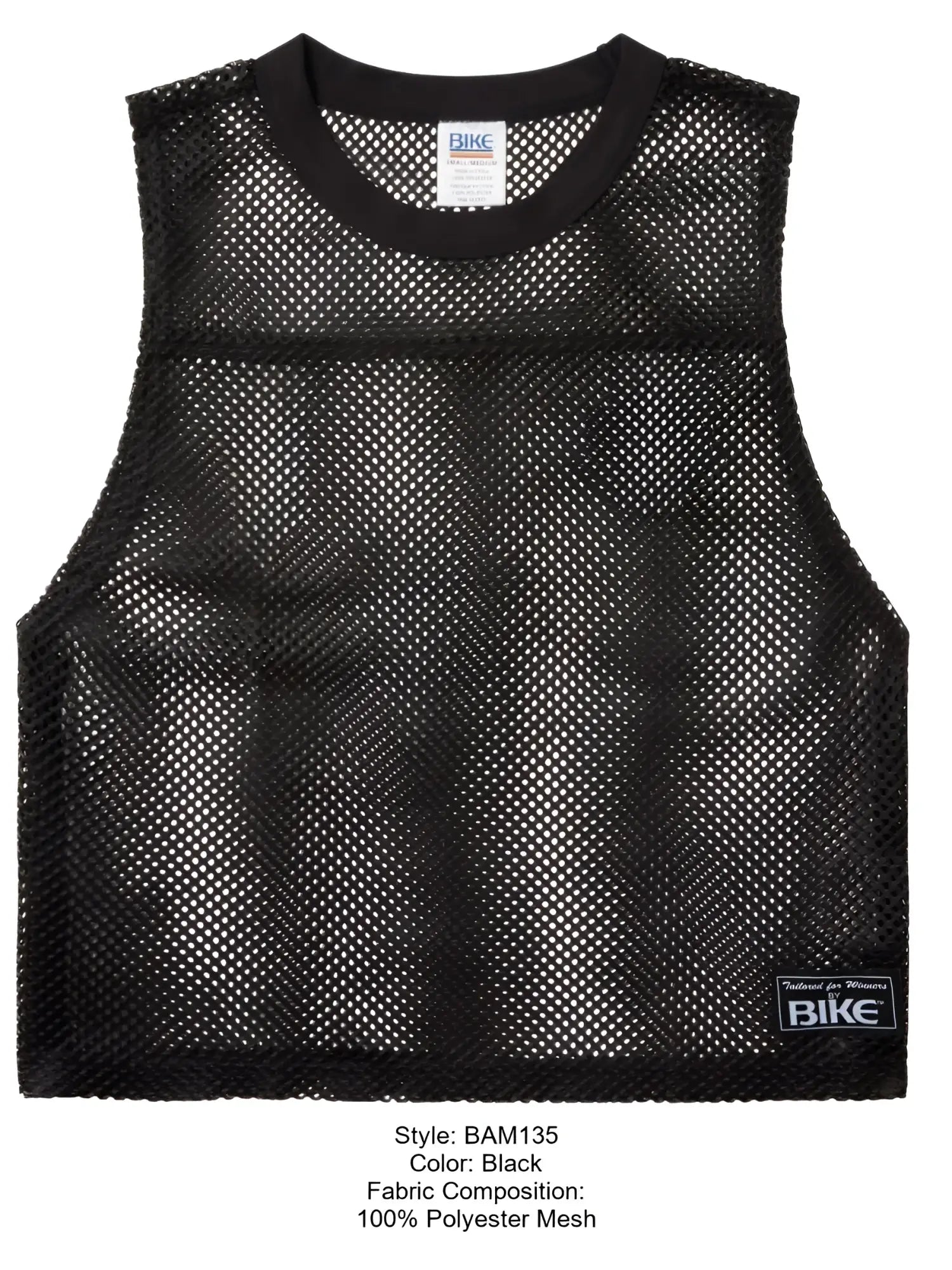 Black sleeveless mesh practice jersey made of 100 percent polyester with crew neck and bike branding
