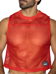 Red mesh crop top with solid red ribbed neckline and hem featuring small black bike brand patch lower right side