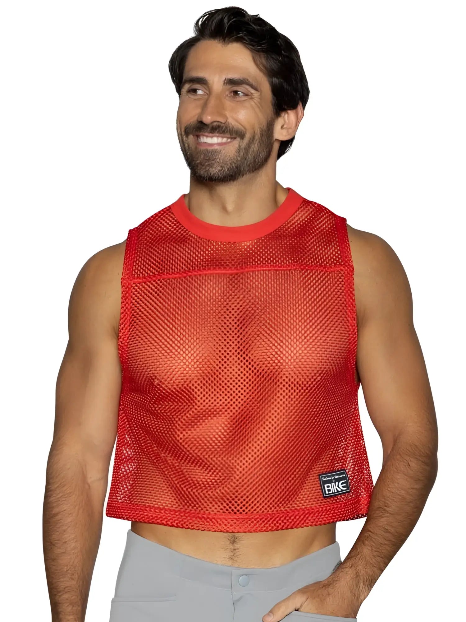 Red mesh sleeveless bike athletic bam135 practice jersey with ribbed neckline hem and black brand tag on lower right side