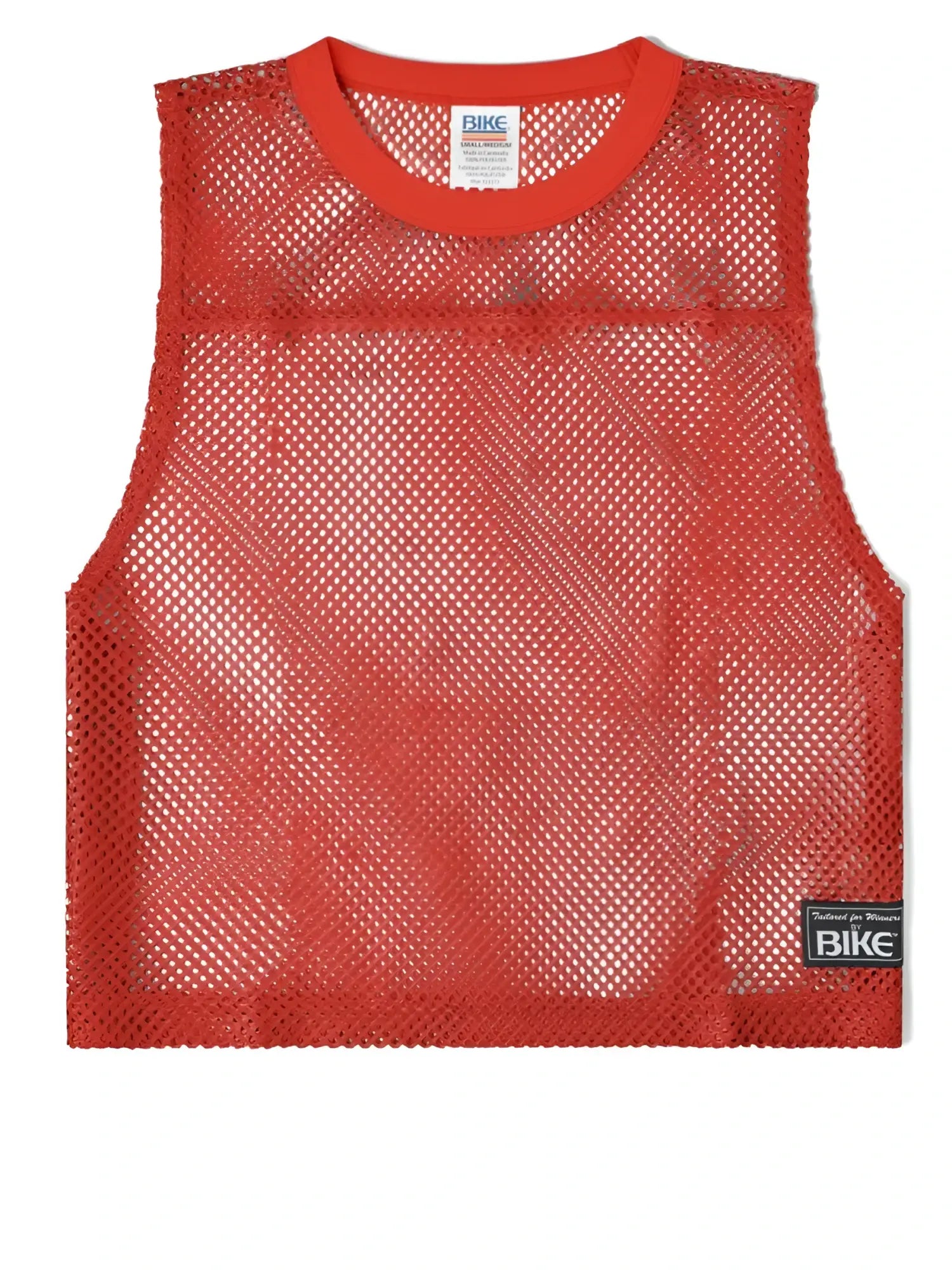 Red mesh sleeveless practice jersey with ribbed neckline and branded labels by BIKE Athletic in red color