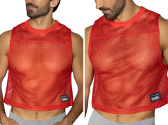 Red mesh sleeveless top with ribbed neckline and hem featuring a small black bike brand patch on the lower left side