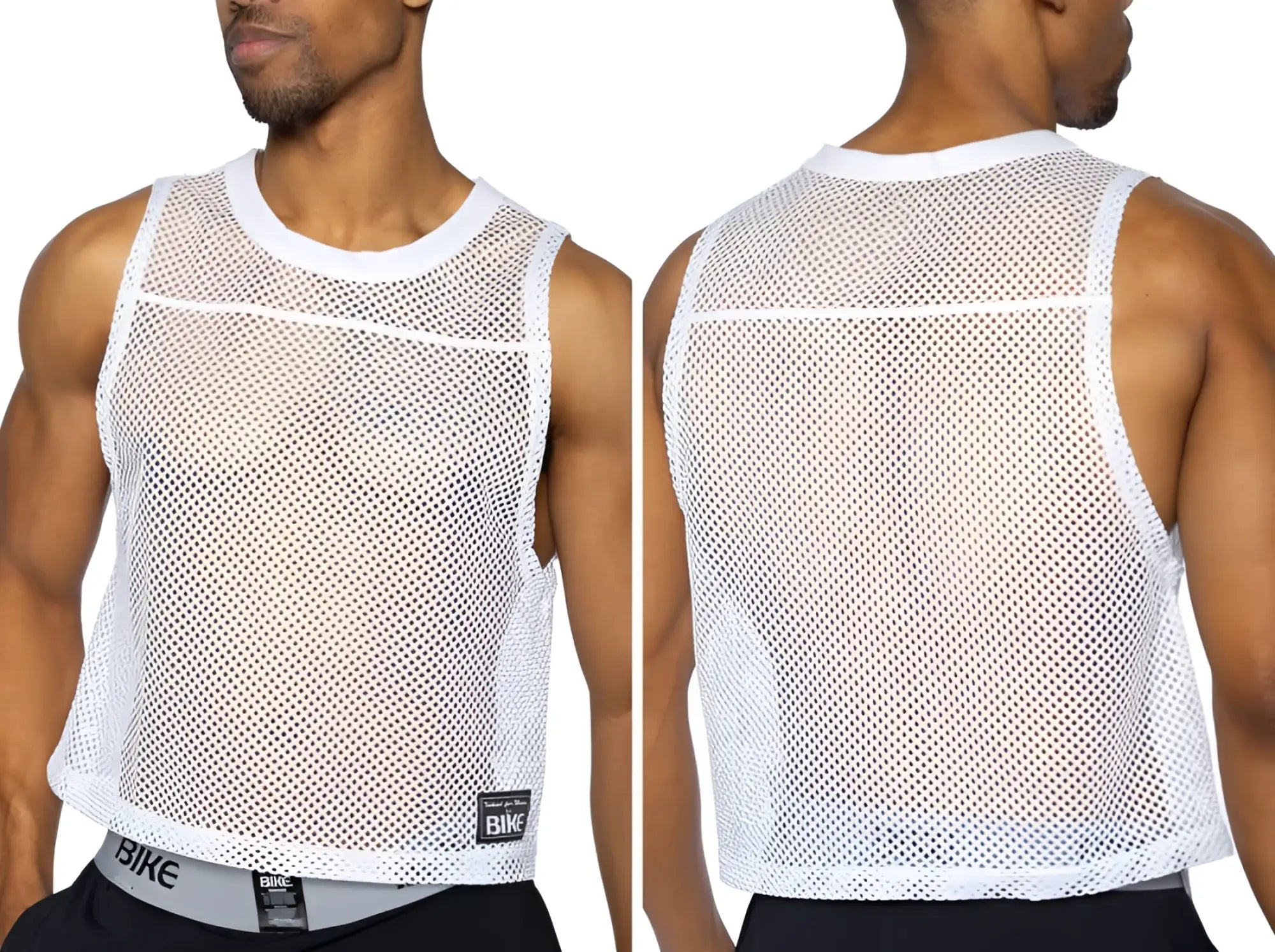 White mesh sleeveless practice jersey with round neckline and hemmed edges for bike athletic performance