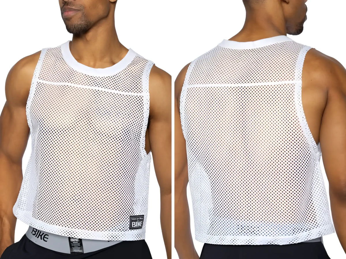 White mesh sleeveless practice jersey with round neckline and hemmed edges for bike athletic performance