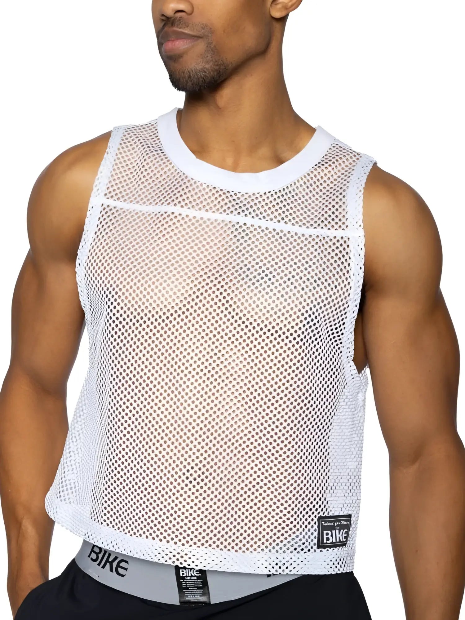 White mesh tank top with round neckline and reinforced trim from BIKE athletic BAM135 sleeveless practice jersey in white