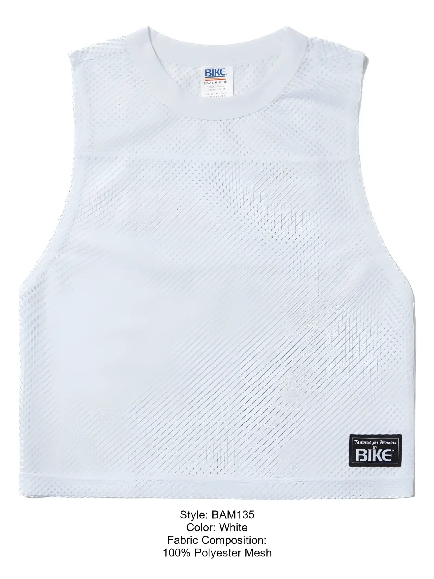 White sleeveless athletic mesh top made of 100% polyester with crew neck and branded bike label at the collar