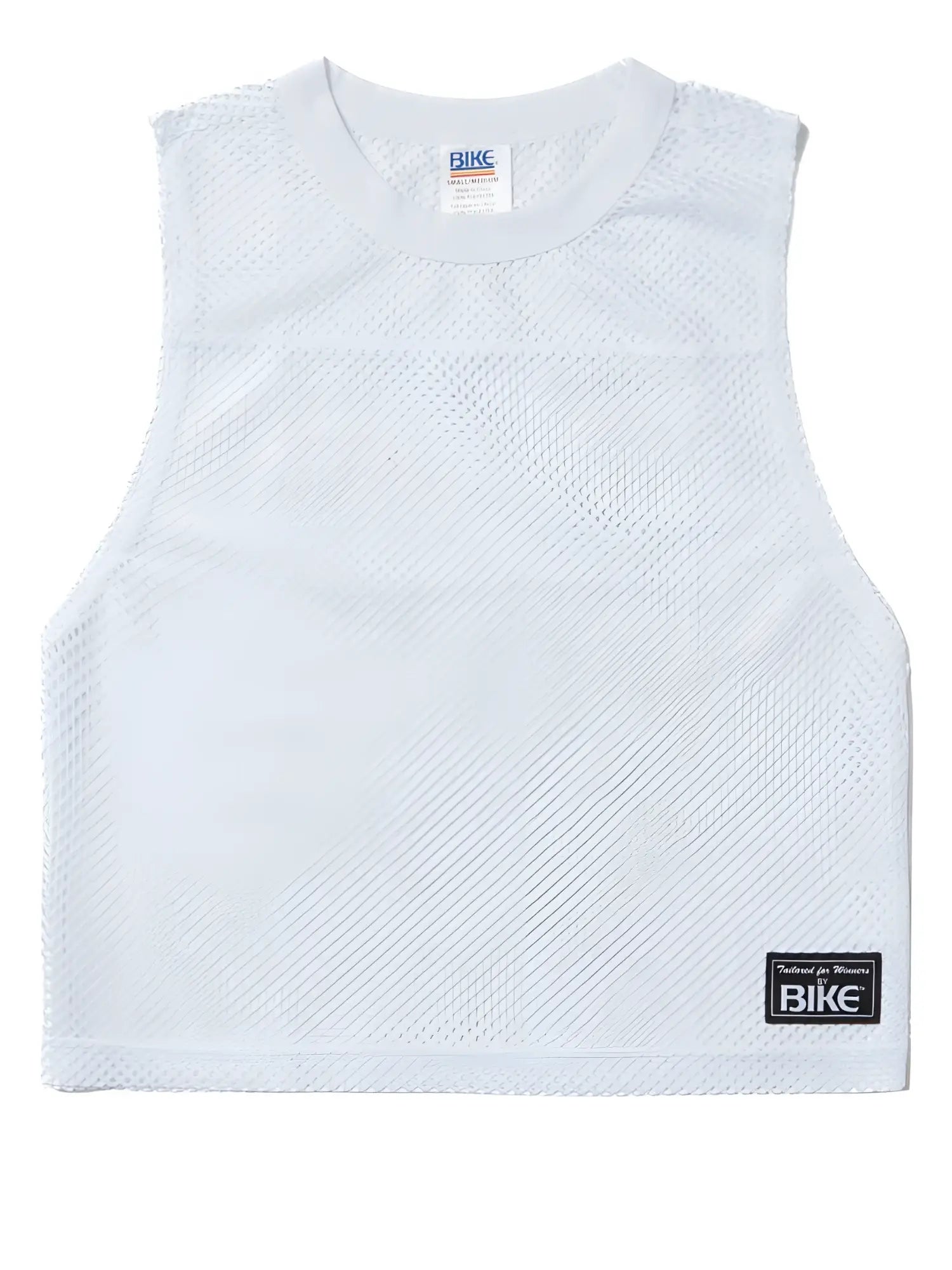 White mesh sleeveless athletic top with crew neck and black bike brand label on lower right side for performance use