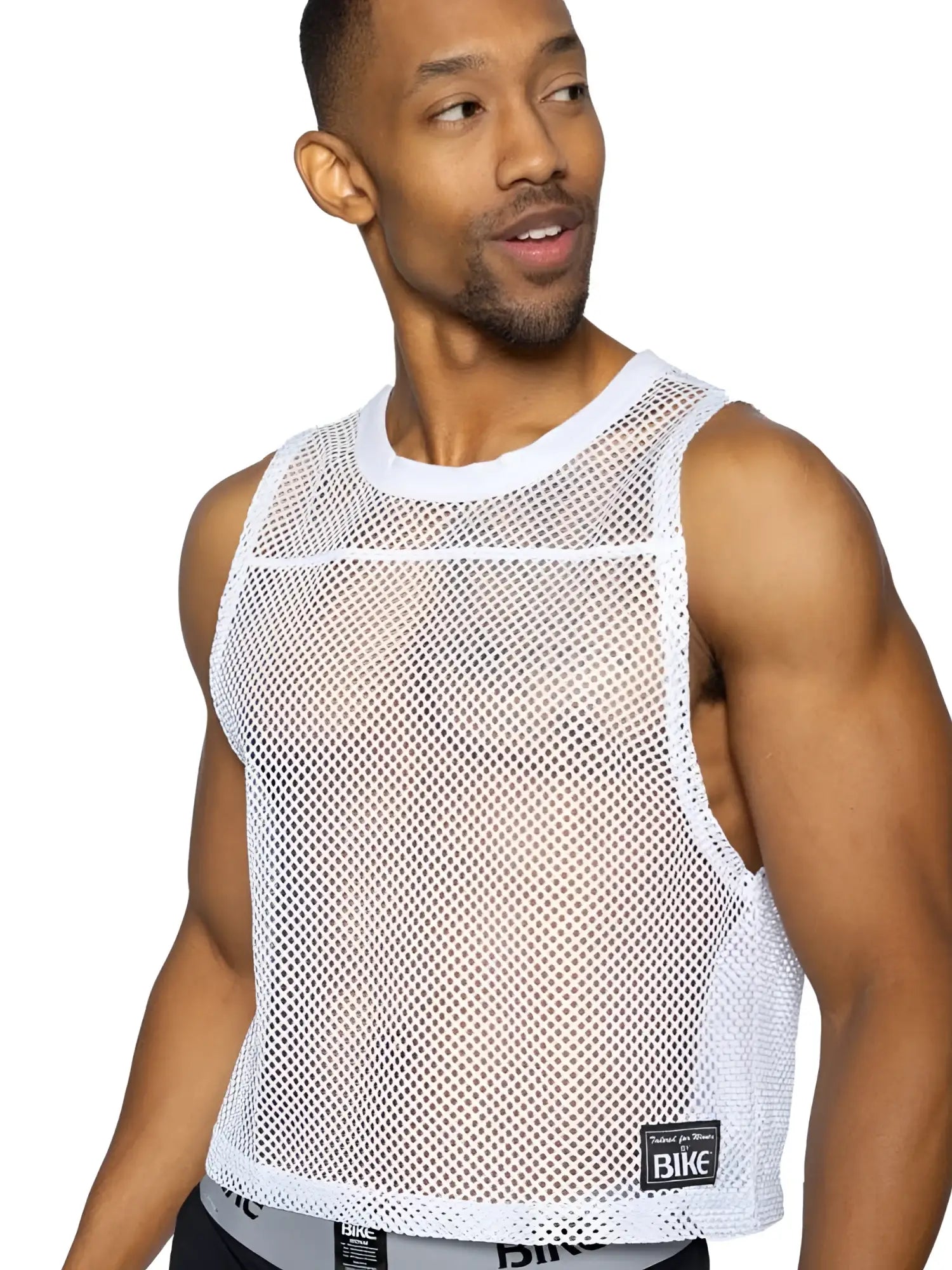 White mesh tank top with round neckline cropped hem and small black bike label on lower right side for athletic use