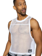 White mesh tank top with round neckline cropped hem and small black bike label on lower right side for athletic use