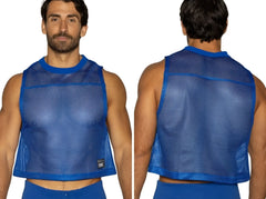 Blue mesh crop top with solid blue ribbed neckline and hem sleeveless practice jersey in vibrant royal blue