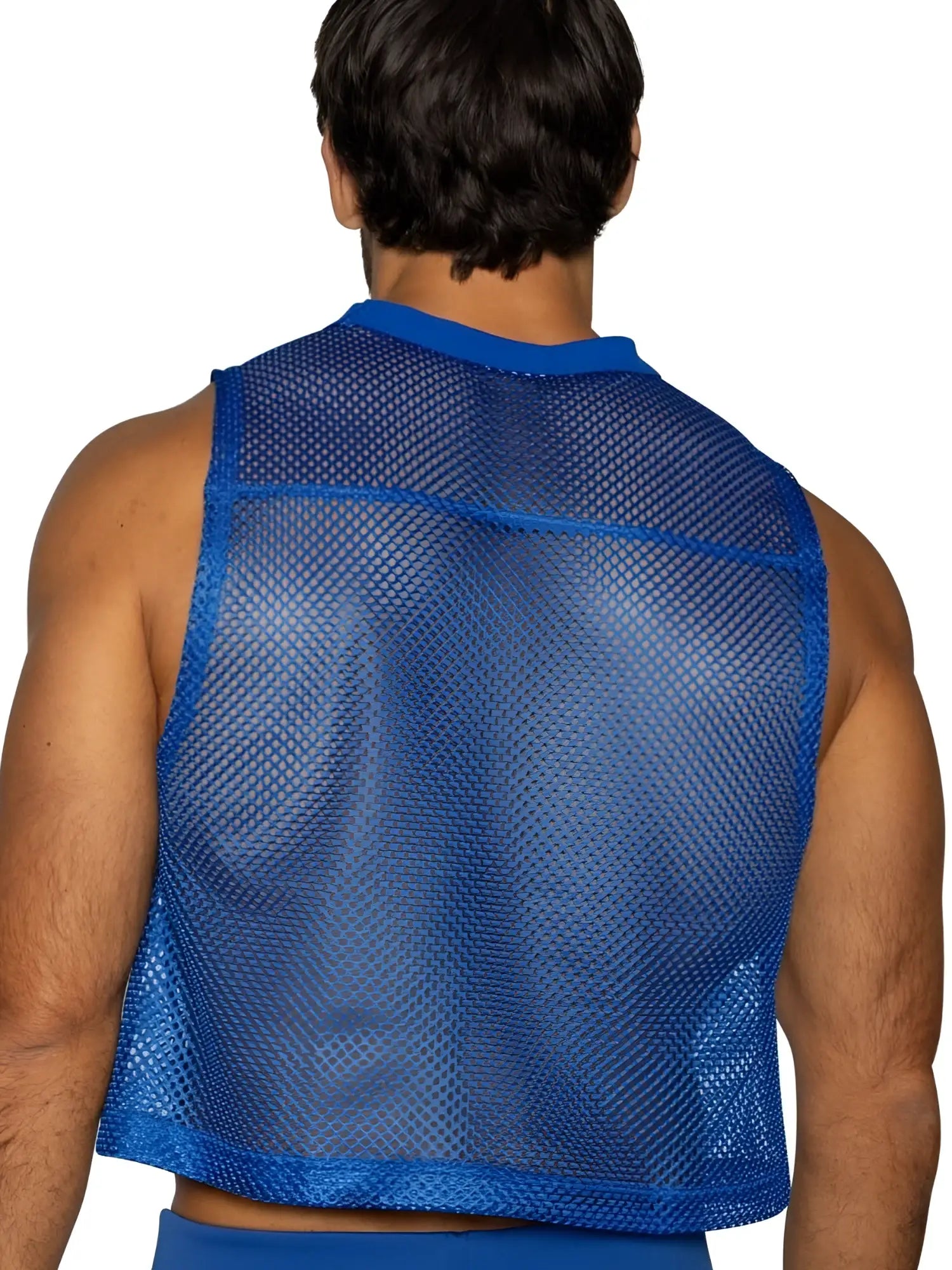 Blue mesh bike athletic sleeveless practice jersey with reinforced trim in vibrant royal blue color royal