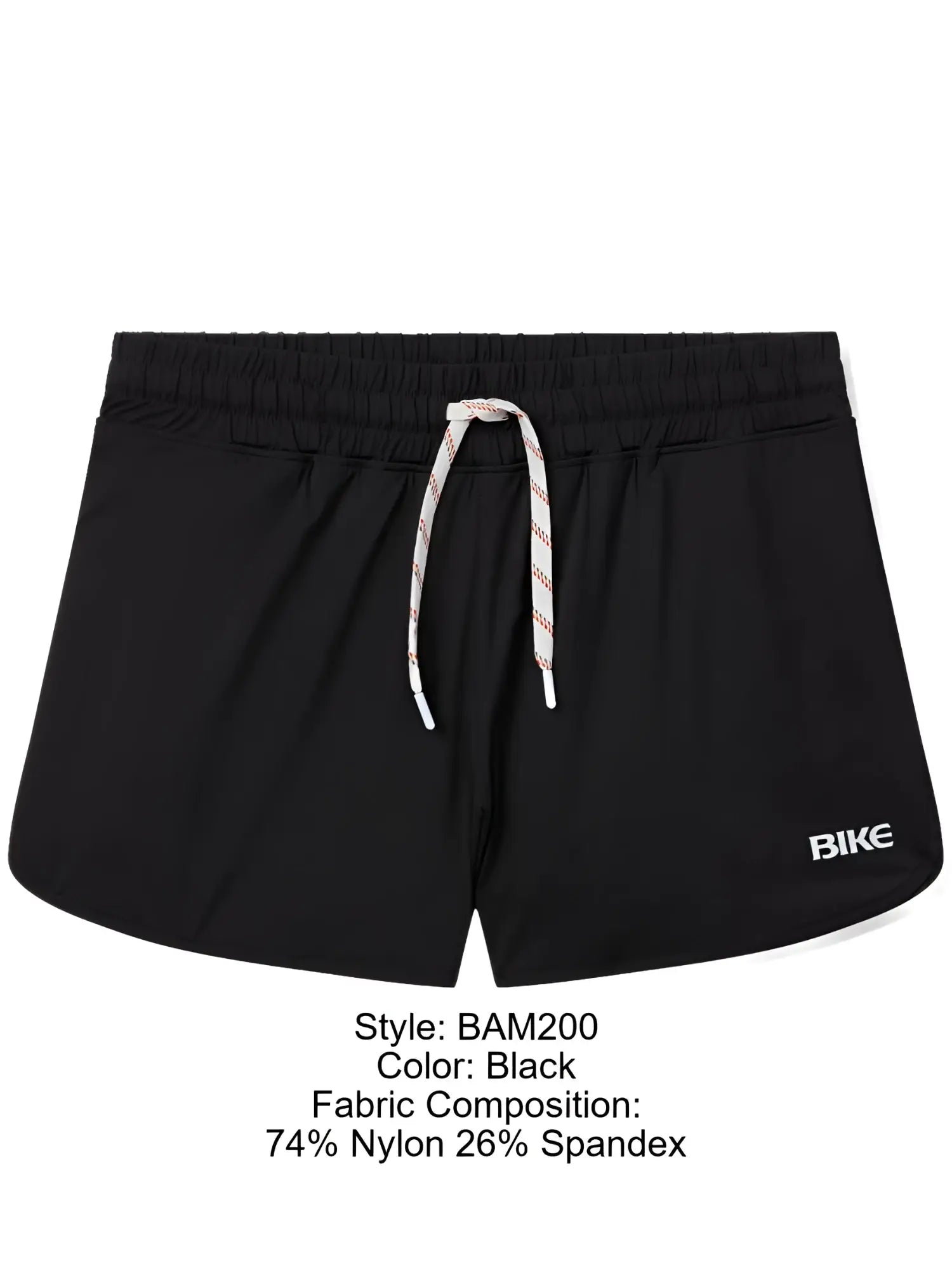 Black bike athletic bam200 track shorts with elastic waistband and white red striped drawstring and logo on right leg