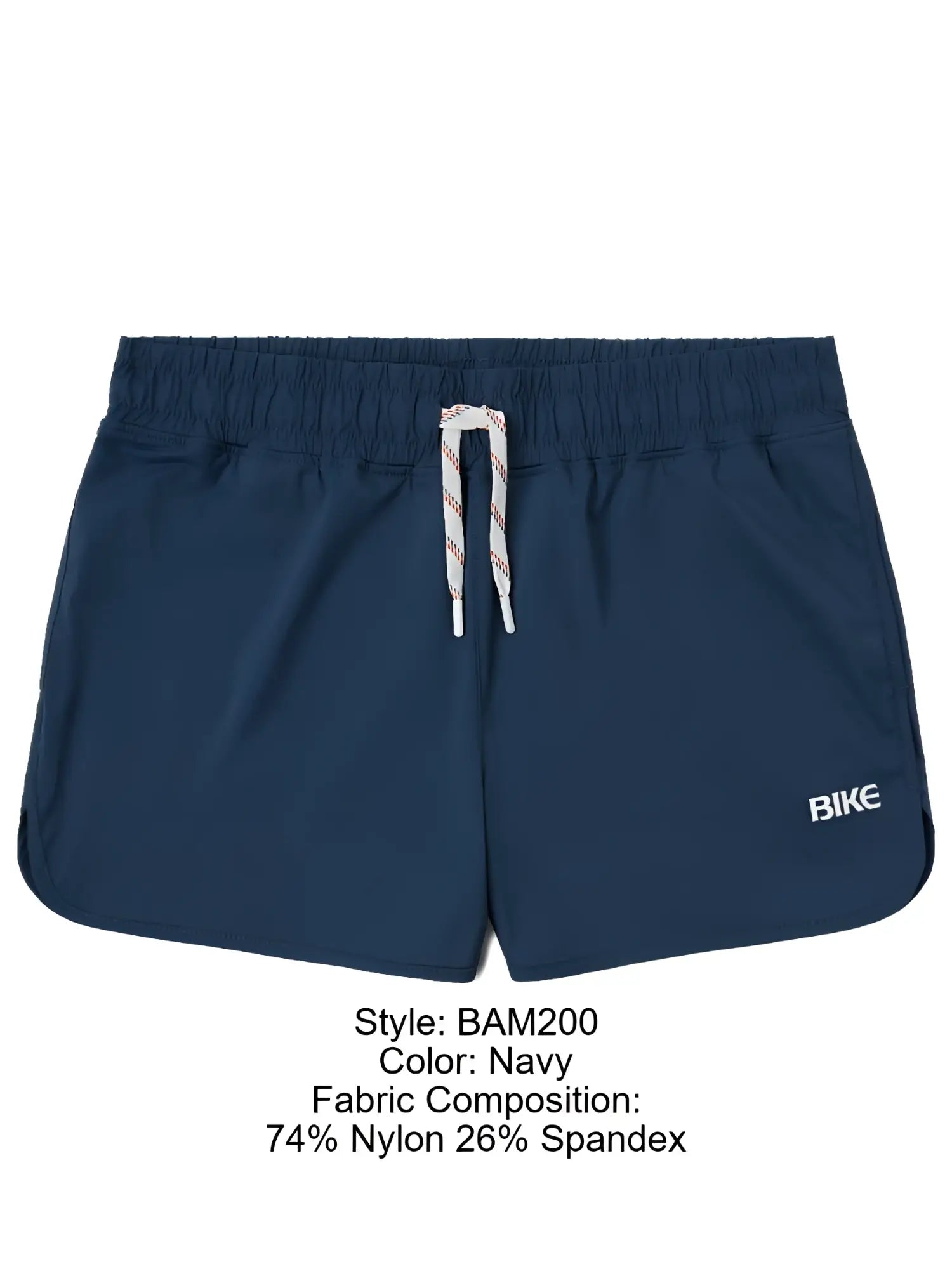 Navy blue bike athletic bam200 track shorts with drawstring waistband and white logo for activewear