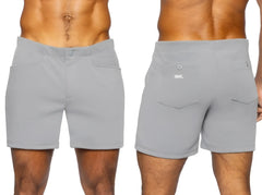 Back view of gray bike athletic bam207 coaches shorts with 5 inch inseam and subtle branding on the back pocket