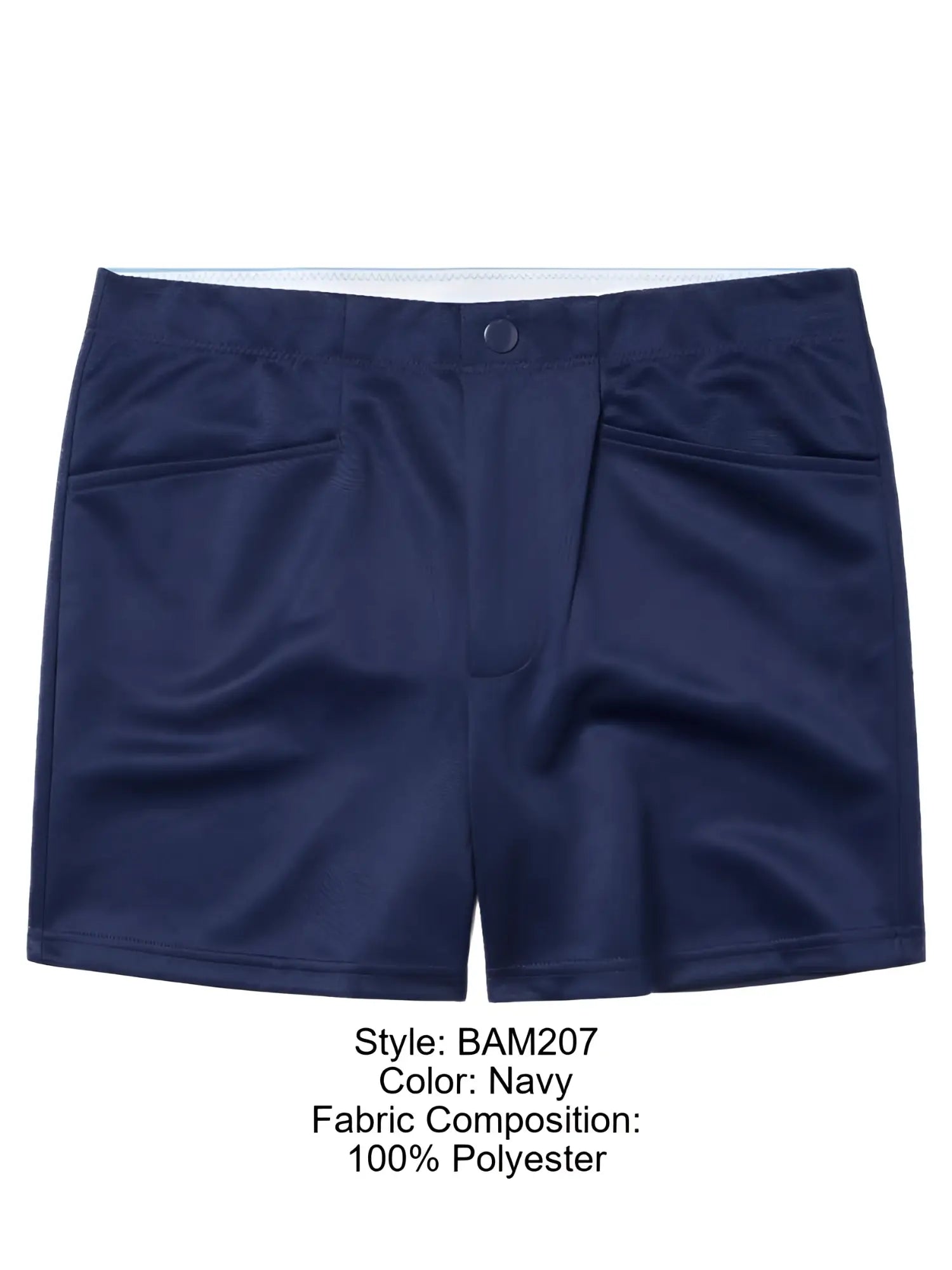 Navy blue polyester bike athletic BAM207 coaches shorts with white waistband and front pockets 5 inch inseam
