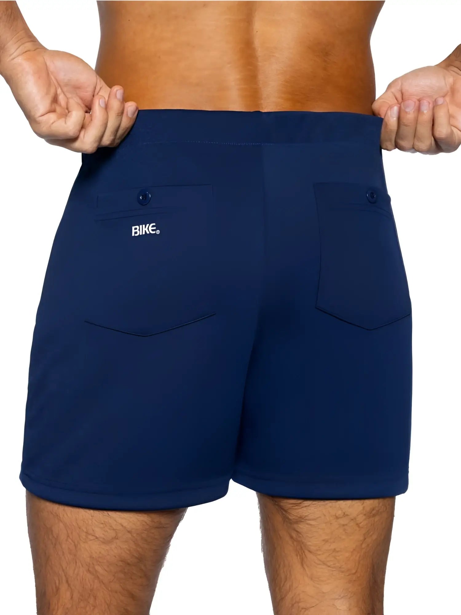 Navy blue bike athletic bam207 coaches shorts with two back pockets and small white bike logo on left pocket back view