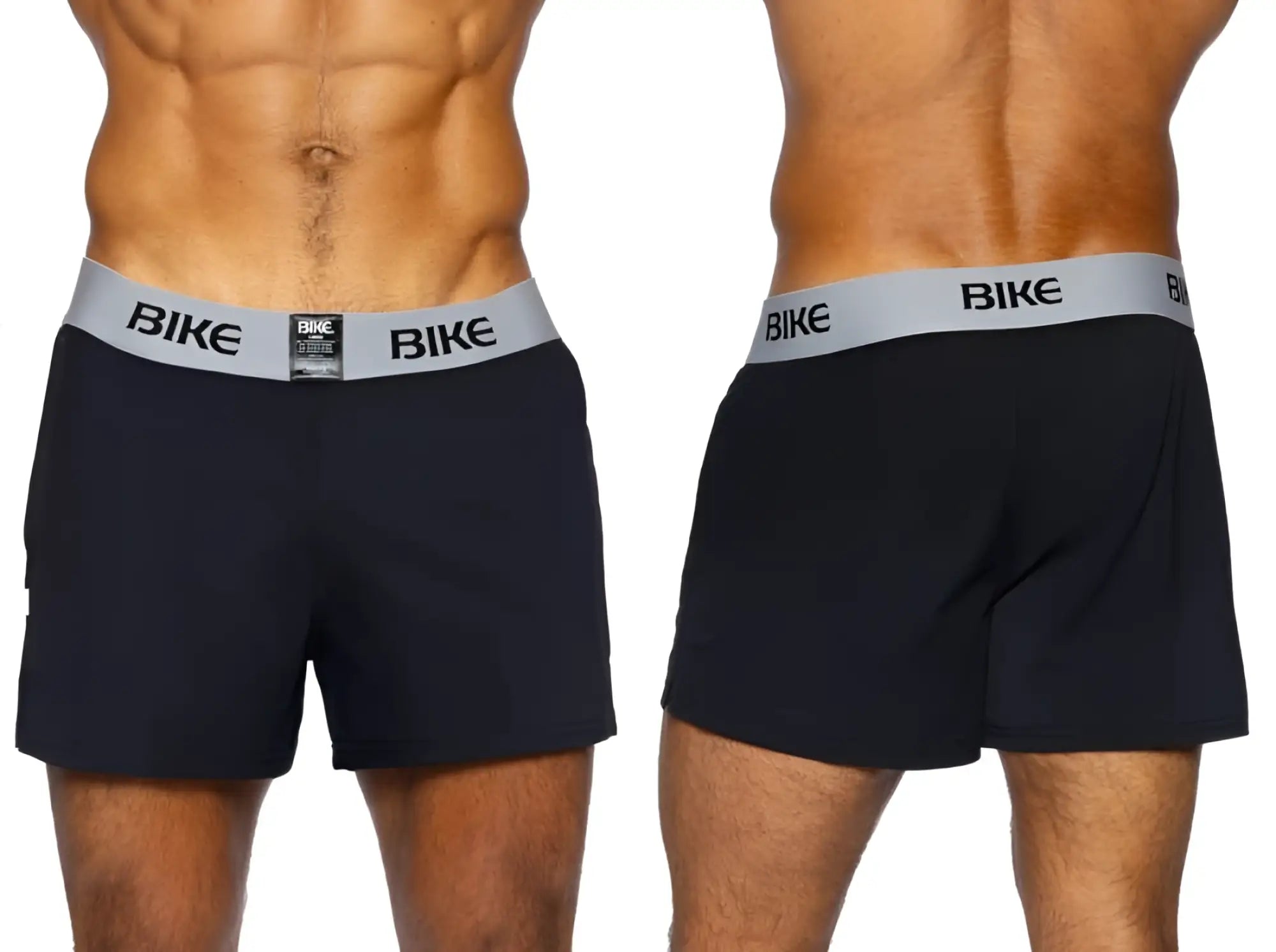 Black bike athletic bam216 jock shorts with gray waistband and black bike logo in breathable fabric