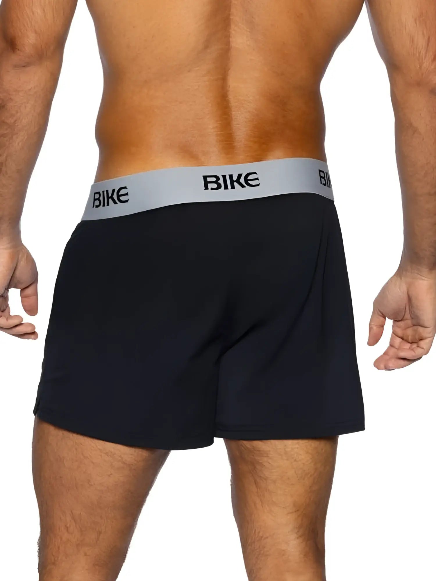 Black bike athletic BAM216 jock shorts with gray waistband featuring bold black bike lettering for sporty use