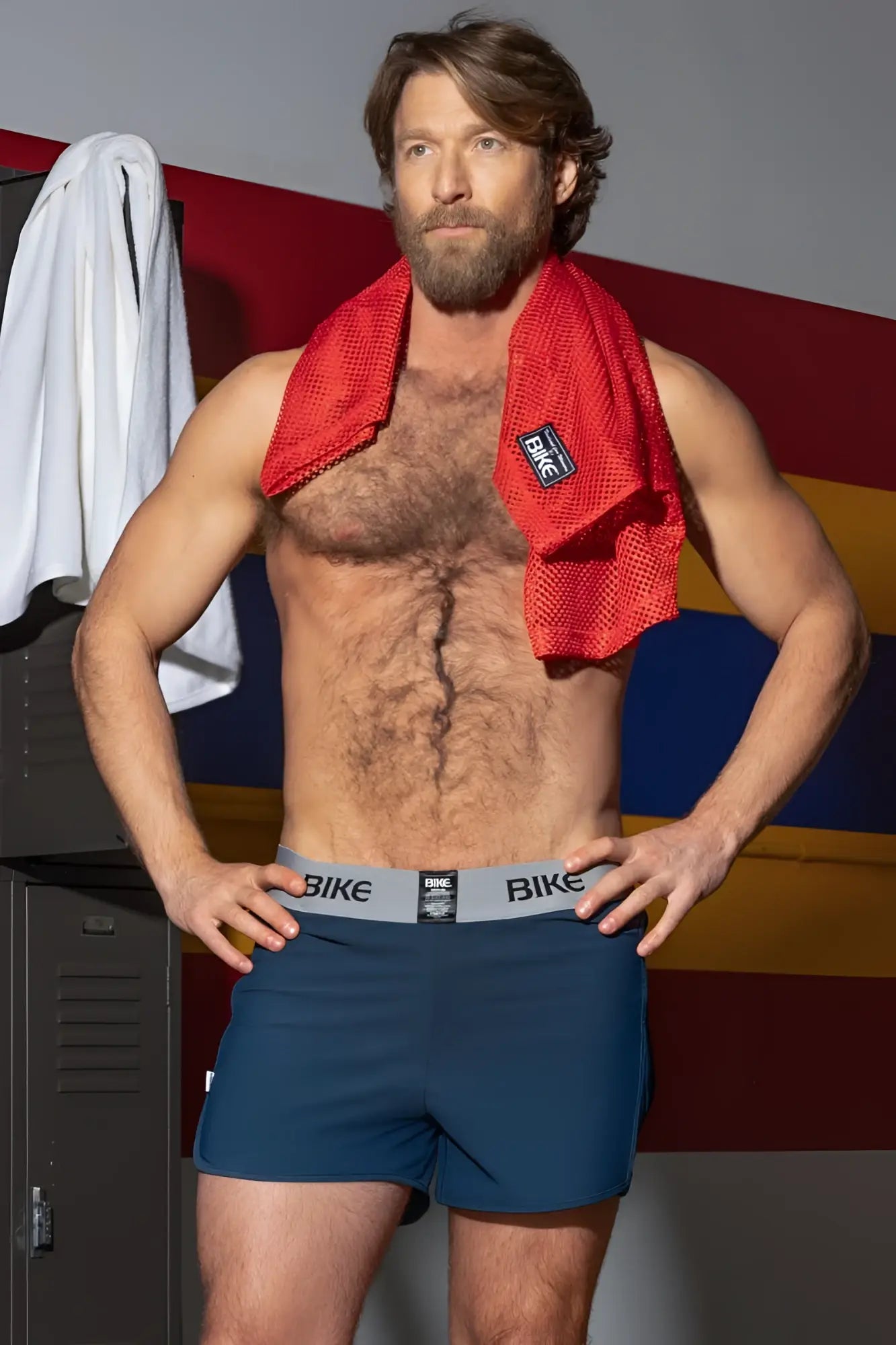 Navy bike athletic BAM216 performance jock shorts with gray elastic waistband and black bike logo for sports use