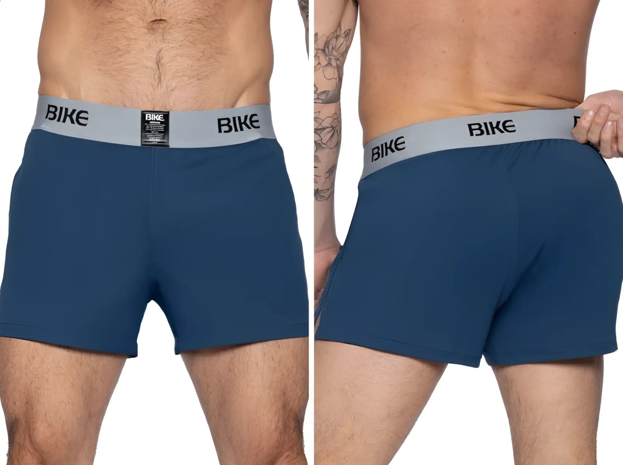 Navy bike athletic BAM216 men’s boxer briefs with gray waistband and black logo designed for performance and comfort