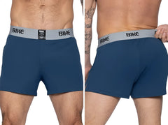Navy bike athletic BAM216 men’s boxer briefs with gray waistband and black logo designed for performance and comfort