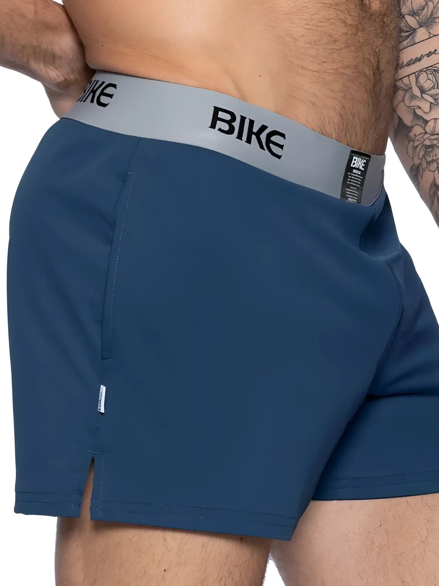 Dark blue bike athletic BAM216 performance jock shorts with gray waistband and black bike lettering