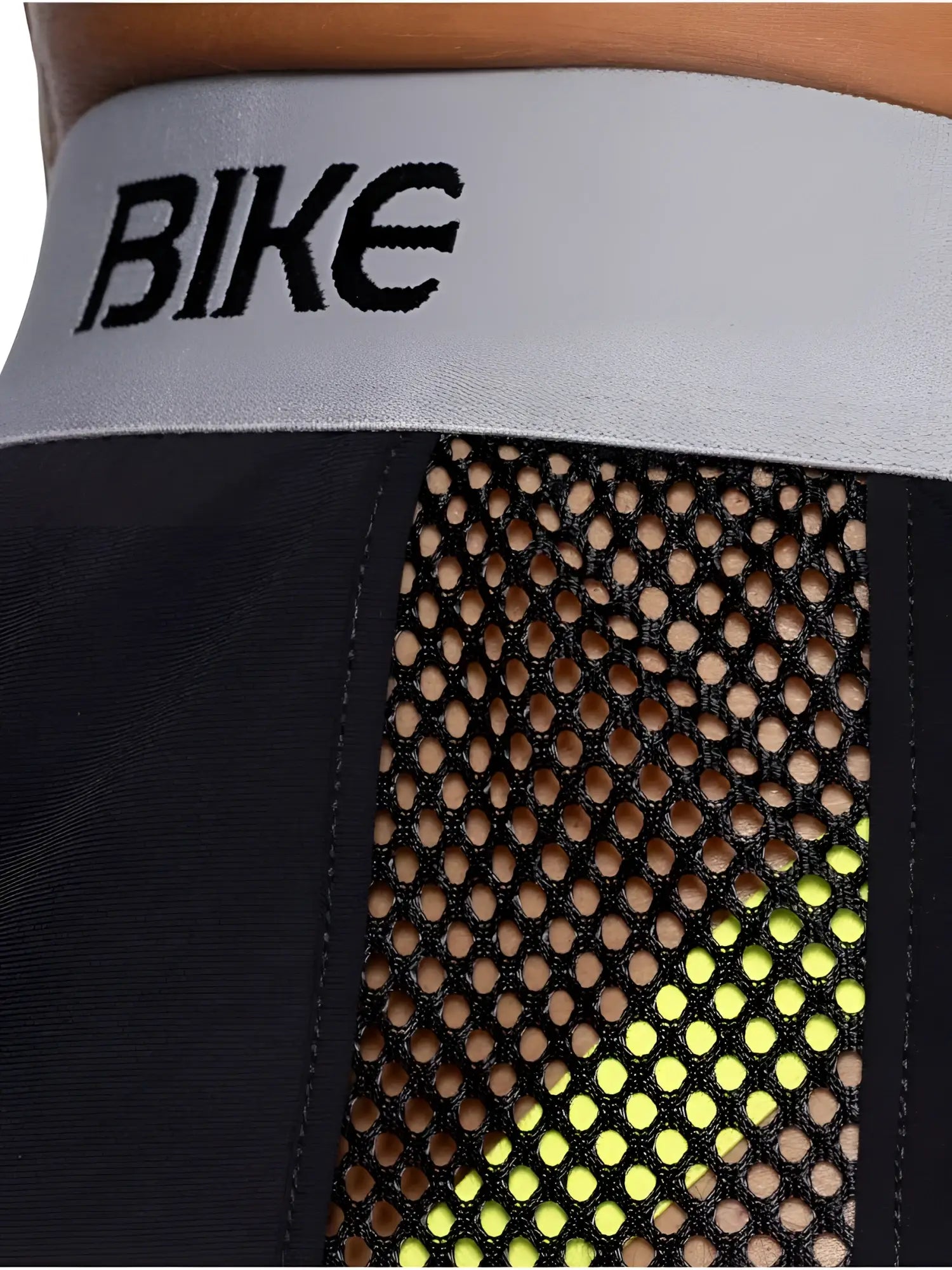 Black bike athletic bam225 peek-a-boo jock shorts with gray waistband and neon yellow mesh panel accents