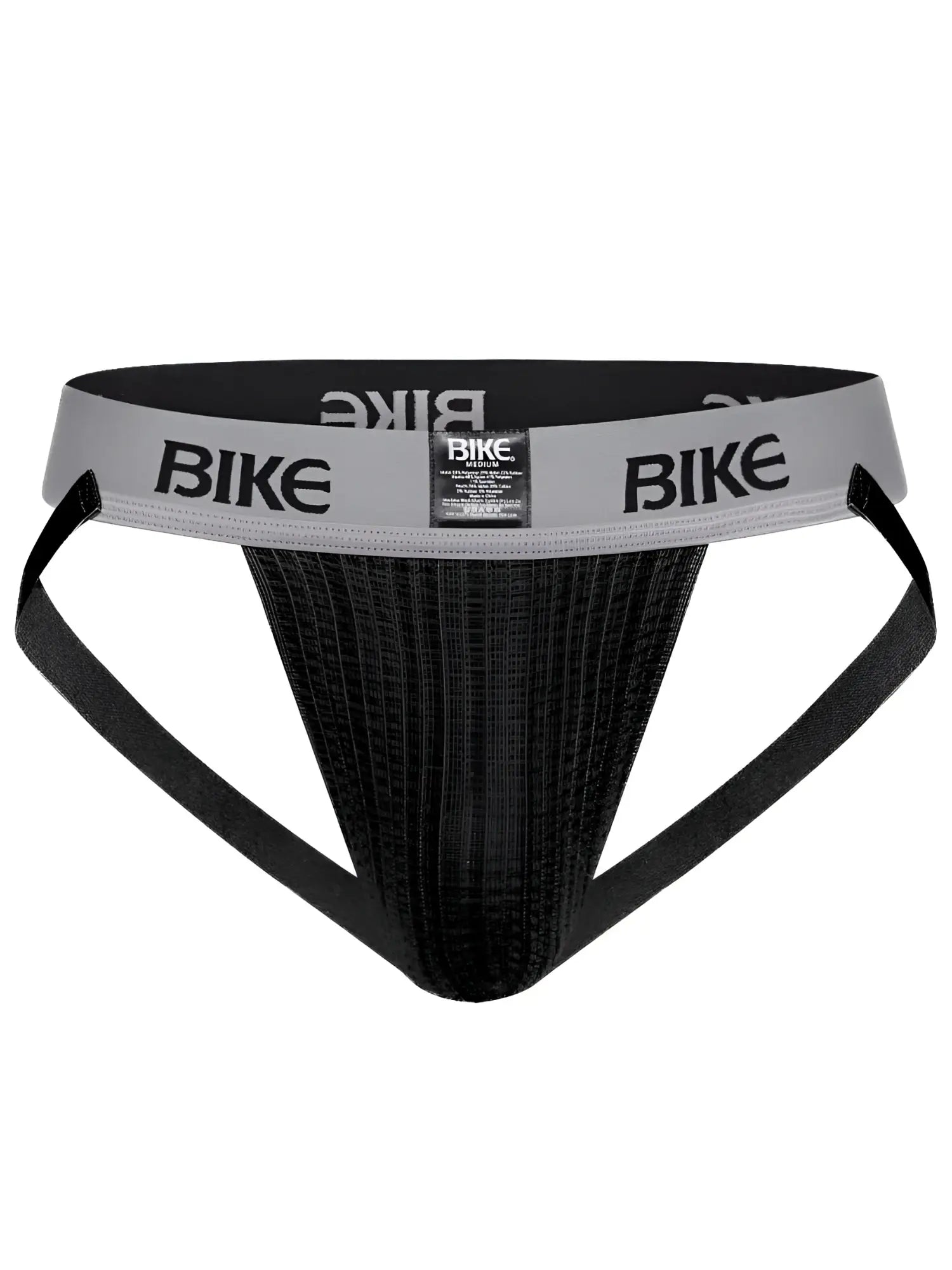 Black bike brand athletic briefs with gray waistband and bike logo in black featuring a classic jockstrap design